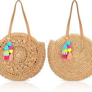 Woven Straw Beach Bags Large Summer Boho Tote Purse with Pom Tassels